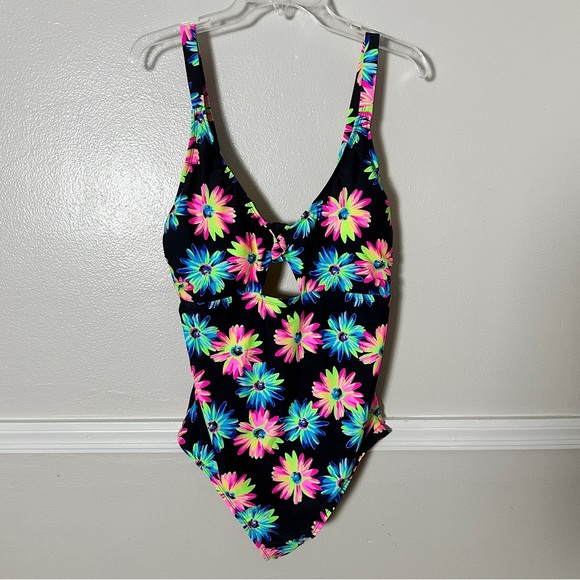 3/$20 💥California Waves NWT One Piece Swimsuit Black Neon Floral Keyhole Bust - Picture 2 of 12